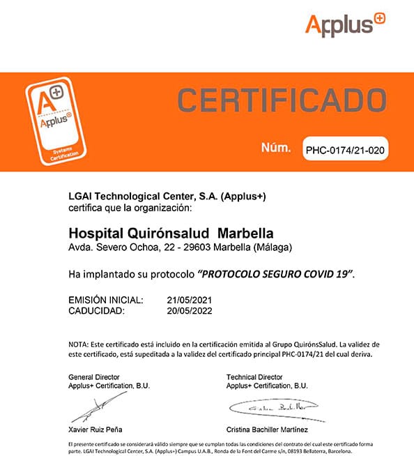 certificado-applus+-seguridad-Covid-Hospital-Quirónsalud-Marbella